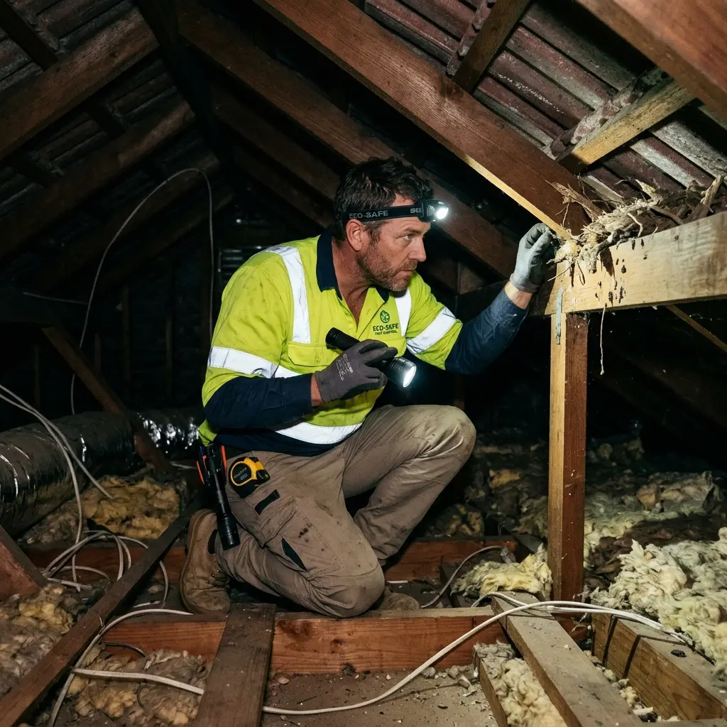 Technician inspecting a roof cavity for a dead animal in Lysterfield