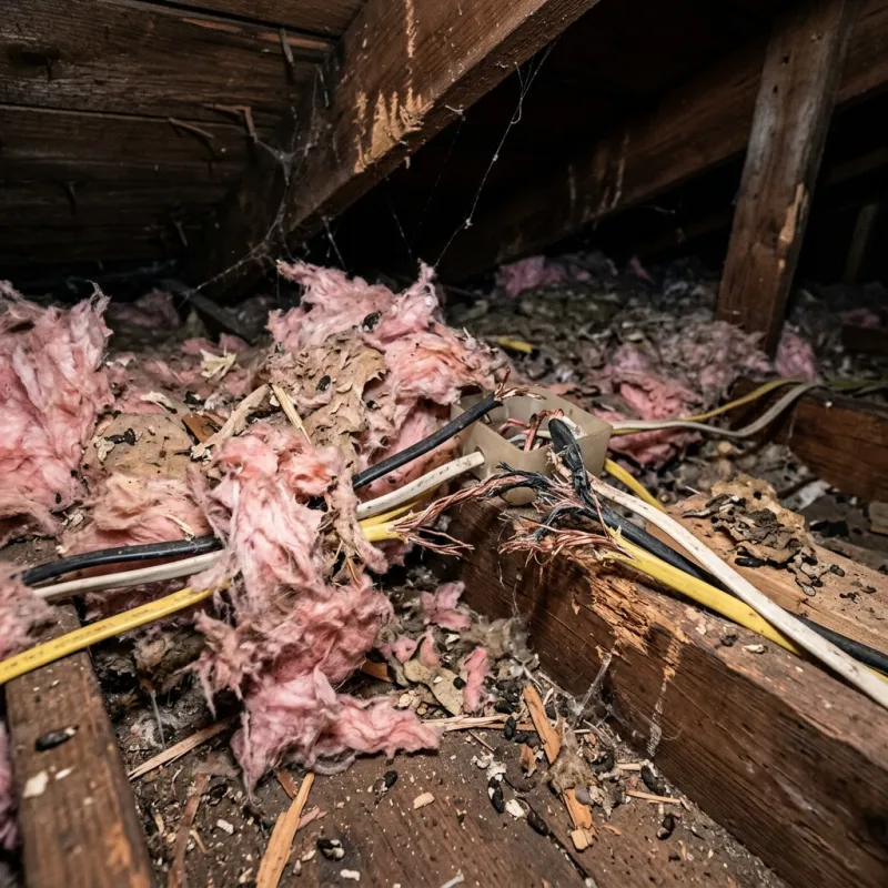 Contaminated ceiling insulation being assessed in a Lysterfield roof space