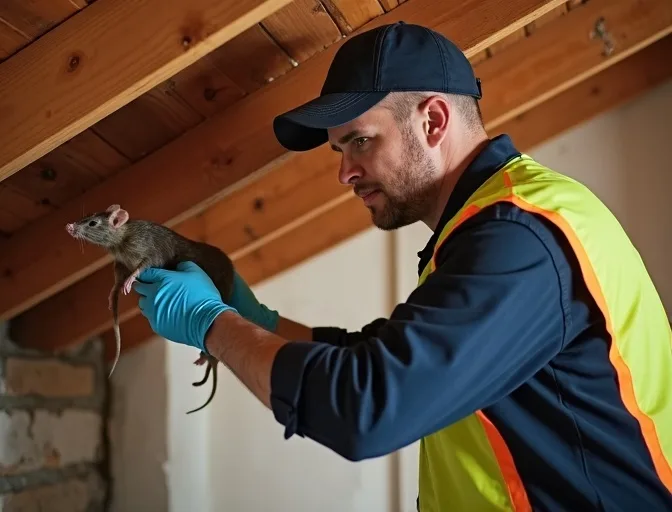 Technician inspecting a roof cavity for a dead rat in Lysterfield